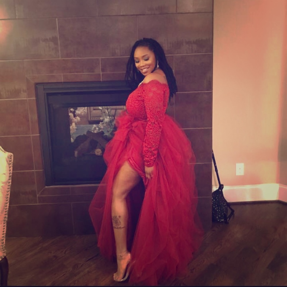 Red Lace High Slit Tulle Skirt Set